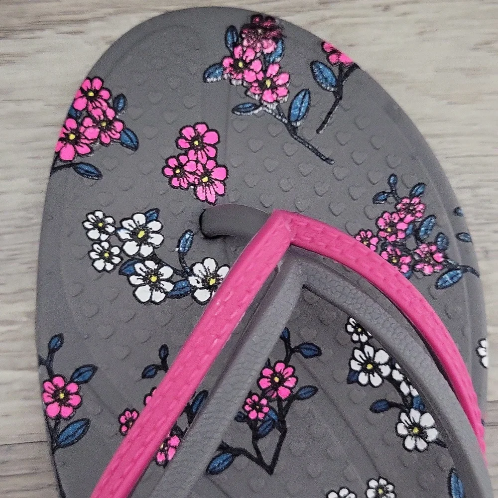 Vovea Womens 39 Floral Flip Flop Sandals Double Strap Grey Pink Cushioned‎